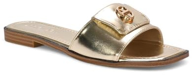 ESSEX GLAM Women's Flat Slider Ladies Flat Open Toe Foldover Buckle Detail Gold Summer Casual Comfy Slip On Mule Size 3