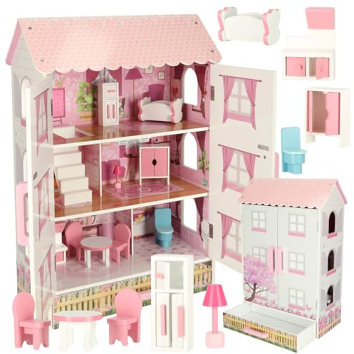 Großes Puppenhaus Set aus Holz für Mädchen | Große Puppenstube mit Zubehör | XXL Puppen Traumhaus in pink | Kinder Dollhouse mit Möbel Kit | Puppenvilla Spielzeughaus mit Einrichtung und Türen