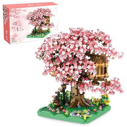 MIFKLMV Sakura Tree House Building Block Set, DIY Cherry Blossom Tree House Building Blocks Set Mini Bonsai Tree Building Blocks Model for Display Collection, Gifts for Kids Adults