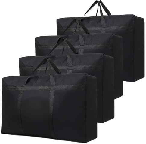 Kiswleon 4 Stück Aufbewahrungstasche mit Reißverschluss 120L,wasserdichte Oxford Schwarz Umzugstaschen,Aufbewahrung Bettdecken,Aufbewahrungstasche für Bettdecken für Klamotten Bettzeug Bettwäsche
