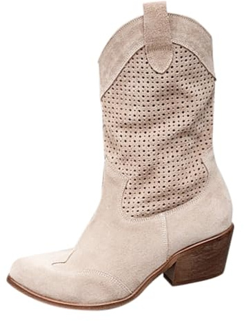 Laquieio Donna Primavera Autunno E Inverno Tacco Spesso, Punta A Punta A Punta Lunga, Taglia Grande Scollo A V Non Sopra Al Ginocchio Personalità Cowboy Occidentale Stivali A Mezza Stivali Alti, beige