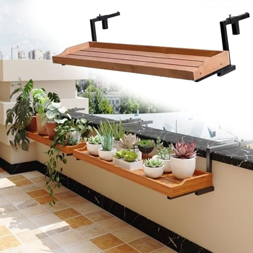 URUCHF balkontisch hängend Stabiler Balkongeländertisch & Pflanzregal, Hängender Balkontisch Aus Holz Für Balkonwohnung/Garten, Höhenverstellbarer Balkongeländertisch(L 150 CM/59 IN)