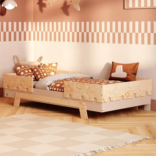 smartwood Kinderbett 90x200 cm mit Lattenrost, Holz, Kaschmir, Puzzle BR2 | Montessori Bett 6in1, 2x Rausfallschutz, 230kg Belastbar, FSC Kiefernholz, abgerundete Kanten, Einfache Montage, ab 3 Jahren