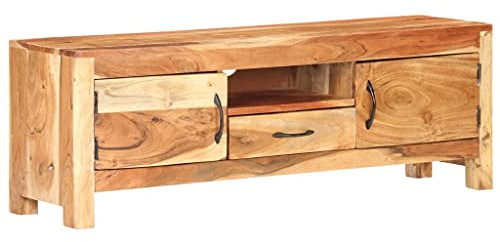 Holamys TV-Schrank 116x30x40 cm, Massivholz Akazie, natürliches Finish, mit Türen und Schublade, für Wohnzimmer und Schlafzimmer, Entertainment Center
