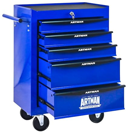 ELIHGTBY Werkzeugwagen 5 Schubladen auf Rollen, Profi Stahl Blau&Schwarz | ELIHGTBY Werkzeugwagen mit 5 Schubladen auf Rollen, Profi Stahl‑Design Blau&Schwarz, leer, zentral abschließbar für Werkstatt