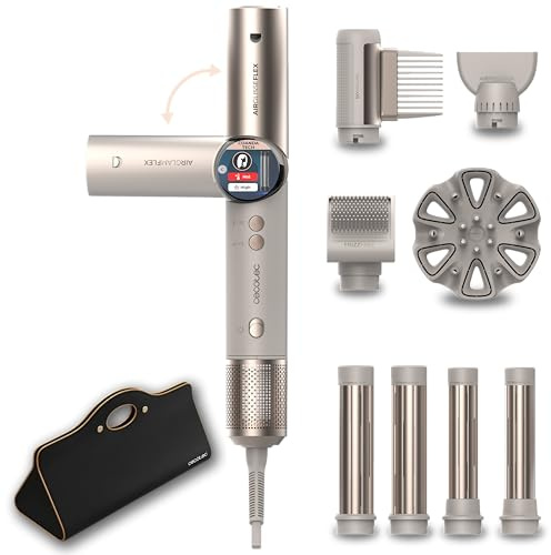 Cecotec Cepillo de Aire Moldeador Multifunción con 8 Accesorios y Mango Flexible AirGlisse 8in1 Flex Champagne. 1400W, 110000rpm, Pantalla, Revestimiento Cerámico y Queratina, Tecnología Coanda