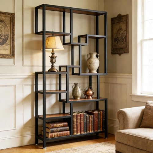 LITTLE TREE Industrie Bücherregal mit Metallrahmen, 7-stufiges hohes Regal aus Holz & Stahl, Rustikal braun (100x30x180 cm) für Wohnzimmer, Homeoffice, Lager