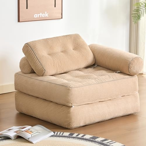 Litbird Faltbares Schlafsofa – Sitzsack-Sofa, Relaxsessel, Spielsofa, Schlafsofa & Gästebett für kleine Räume, Sessel fürs Schlafzimmer & Wohnzimmer (Hellbraun, 95 cm mit Armlehnen)