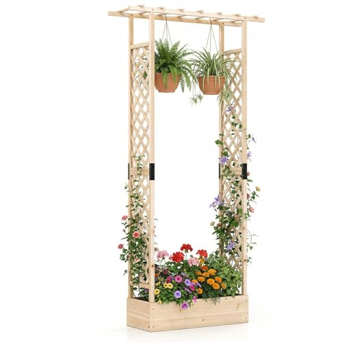 FANTASK Blumenkasten mit Rankgitter, 110 x 35 x 227 cm, Hochbeet mit Spalier für Kletterpflanzen & hängende Körbe, Pflanzkasten mit hängendem Dach, Pflanzkübel für Garten Hof Terrasse (Natur)