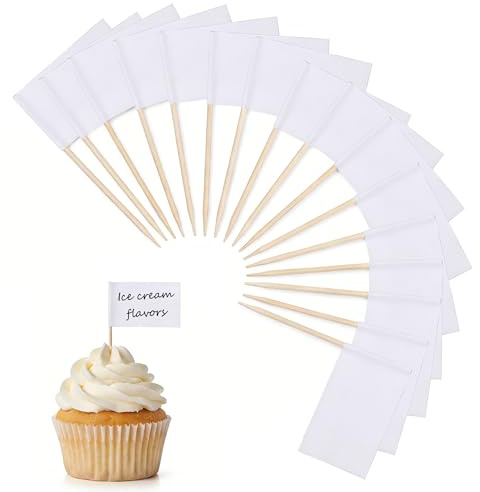 Toothpick Food Flags 100 Pack, White Blank Picks Flag Cupcake Toppers | DIY Labels for Cheese, Cake, Sandwich, Fruits, Cocktails Decorations, Sport Events, Birthday, Wedding, Baby Shower Parties