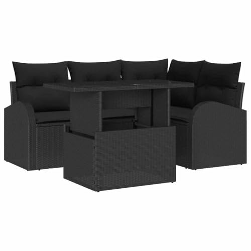 Mhdvray Gartensofa Set 5-teilig Schwarz 179 x 124 x 85 cm Poly Rattan Eckbank mit Stauraum wetterfestes Couchmöbel für Balkon Terrasse und kleine Gärten