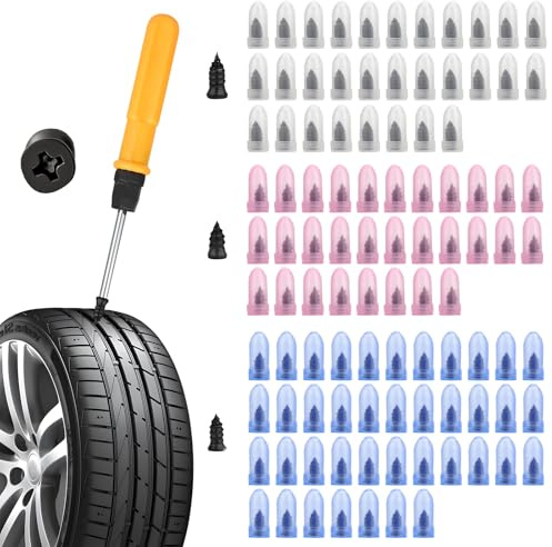 VETIXLO Kit Riparazione Pneumatici Auto 100 Pezzi, Set Chiodi Riparazione Pneumatici Tubeless a Vuoto con 3 Misure, Kit Riparazione Gomme con Cacciavite e Scatola, per Auto Moto SUV Bicicletta