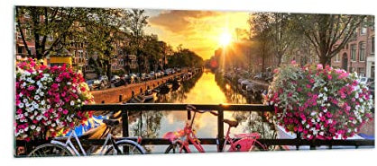 Panorama Bilder auf Glas Bikes Kanal Amsterdam Architektur Glasbild 140x50cm Wandbilder Dekoration Wohnzimmer Schlafzimmer Küche Groß XXL Wanddeko Wand Kunstdruck Art Modern GAB140x50-3081