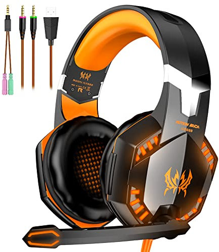 VersionTECH. G2000 Gaming Headset, Surround Stereo Gaming Headphones with Noise Cancelling Mic, LED Lights & Soft Memory Earmuffs for Xbox One, PS4, Nintendo Switch, PC Mac Computer Games- Orange