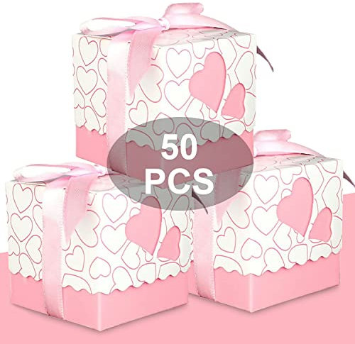 Wady Bomboniere Scatola Cuore Portaconfetti Porta Confetti Segnaposto Regalo con Il Nastro Raso 50pz Rosa