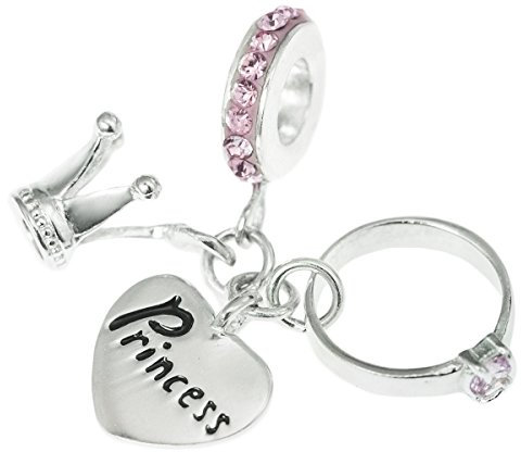 925 Sterling Silber Prinzessin Ring Krone rosa CZ Kristall baumeln für europäische Charm-Armbänder
