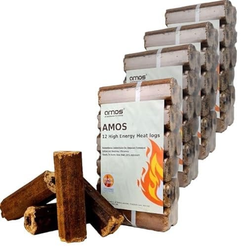 AMOS Ultra Dry High Energy Heat Logs Eco Friendly Low Smoke Minimal Ash Sustainable Recycled Wood Fuel for Open Fires Burners Chimeneas 48 Logs