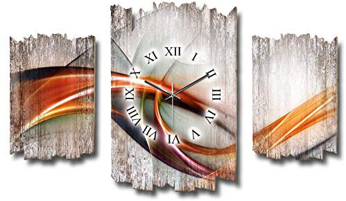 Kreative Feder Dreiteilige Designer-Wanduhr Moderne Welle Shabby-Chic Landhaus-Stil Quarzuhr leise ohne Ticken 95x60cm aus Holz (Moderne Welle, leises Quarzuhrwerk)