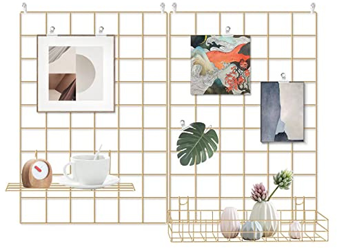 BULYZER Grid Wire Board,for Memo Picture Panel Wall Decoration for Room Office Mat Photo Hanging Art Display Frames Desk Storage Organizer,17.3 x 11.8(2Pack) (Gold)