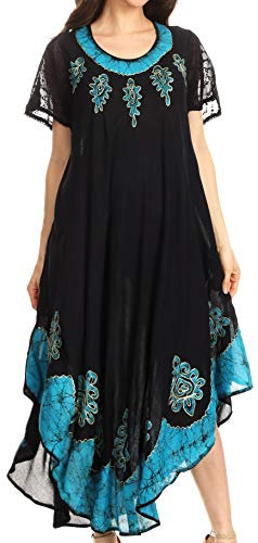 Sakkas B009 Batik Hindi Cap Sleeve Kaftan Kleid/Vertuschung - BlackTurquoise - OS