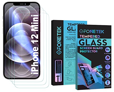 Fonetek® Pack of 3, To Fit iPhone 12 Mini, TEMPERED GLASS 9H Hardness LCD Screen Protector Guard Case Cover for Apple iPhone 12 Mini