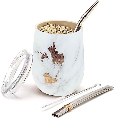 BALIBETOV Set de Mate Argentino - Kit de Vaso para Yerba Mate con Pared Doble de Acero Inoxidable 18/8 - Incluye Dos Bombillas y Cepillo para Limpiar (355 ml, Marmol Dorado)