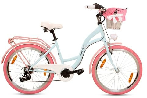 Goetze Mood 24 Zoll Kinderfahrrad, 14 Zoll Tiefeinsteiger Rahmen, 6-Gang Kettenschaltung, doppelte V-Bremsen, LED-Beleuchtung, Gepäckträger, Rattankorb, Komfortsattel, mit Seitenständer & Klingel!