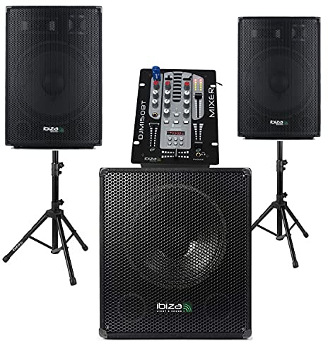 IBIZA Sound Light - Table de Mixage Bluetooth USB DJM150 - Caisson de Basses Amplifiés 800W - 2 Enceintes 600W Total - 2 Pieds - Câbles Offerts - Pack DJ Sono Mix Club Bar Disco