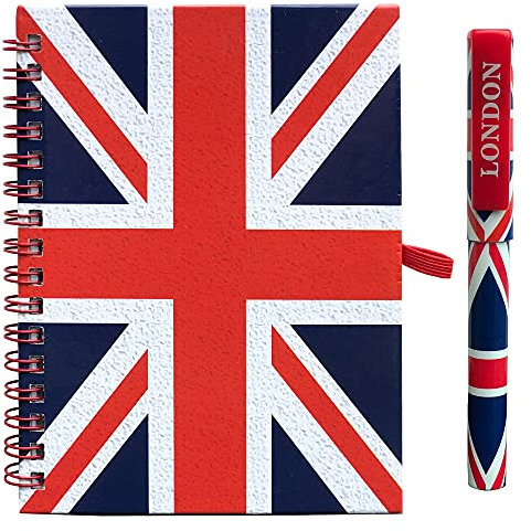 SAJAK Union Jack A6 Notebook & Pen Set | UK Flag Spiral Notepad, Hard Cover, Wire-Bound – British Souvenir Journal for School, Travel & Work