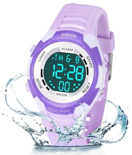 Juboos Montre Enfant avec Bracelet Imprimé et 7 Lumières Colorées,Montre Digitale Étanche pour Enfants avec Oreilles de Chat pour Garçons et Filles de 5 à 15 Ans