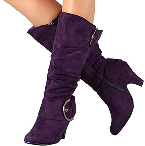 Onsoyours Stivali Alti da Donna Classici con Tacco a Blocco Suola Elegante con Fibbia Stivali Invernali Viola 34 EU
