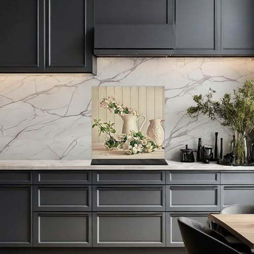 banjado Küchenrückwand Glas ohne Bohren 40x40cm – Glasrückwand Küche mit Motiv Kirschblüten/Spritzschutz Küchenrückwand Glas/selbstklebende Küchenrückwand Platte - magnetisch & beschreibbar