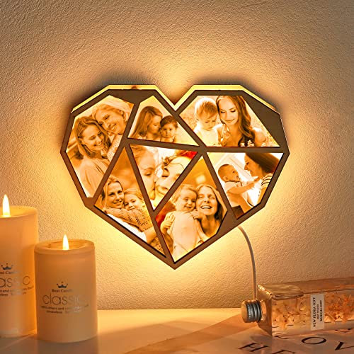 Smile lab Personalisierte Herz Fotolampe mit 7 Bilder Led USB aus Holz Acryl Nachtlicht mit geometrischen Formenaus Dekoration Geschenk für Familie Freunde Muttertag Vatertag