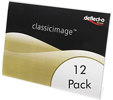 Deflecto | Clear Acrylic Sign Holder A4 Angled Stand Up Sign Holders Pack of 12 | Landscape Display Stand Suitable for Promotional Material, Menu | Bundle Saving