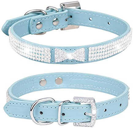 haoyueer Halsband für Haustiere, Katzen, Hunde, Kunstleder, glitzernd, mit Strasssteinen besetzt, Größe S, Blau 3
