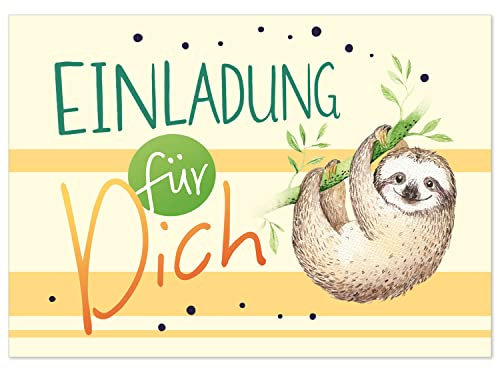 8 Einladungskarten Kindergeburtstag mit Umschlägen, Faultier modern niedlich, Karte Geburtstag Einladung zum Ausfüllen