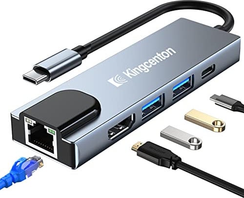 Kingcenton Adaptateur Hub USB C Ethernet RJ45,5 in 1 Multiport Adapter USB C avec HDMI 4K,2 USB(3.0+2.0),PD 87W, Compatible avec MacBook Pro/Air,iPad Pro/Air et Autres Appareils de Type C,etc.