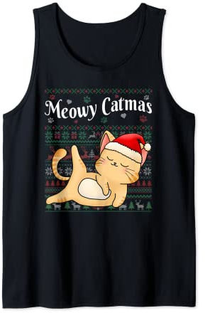 Meowy Catmas Lustige Katze Yoga Weihnachtsmütze Ugly Christmas Sweater Tank Top