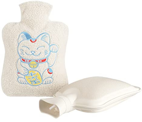 Maneki Neko Bouillotte douillette Chat porte-bonheur Blanc Grande bouillotte 1,8 l (33 x 20 cm)