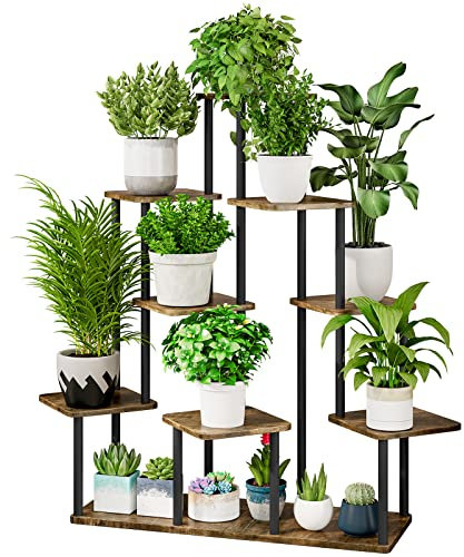 AZERPIAN Pflanzenständer, 9 Etagen, Metall, Blumenregal für mehrere Pflanzen, Ecke, hohe Blumenhalter für Terrasse, Garten, Wohnzimmer, Balkon, Schlafzimmer, Schwarz + rustikales Braun