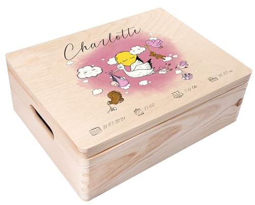 Creative Deco Erinnerungsbox Baby Personalisierte mit Namen - Storch Rosa | Individuelle Erinnerungskiste Geschenk zur Geburt für Mädchen und Jungen | Holzkiste mit Deckel | Farbdruck