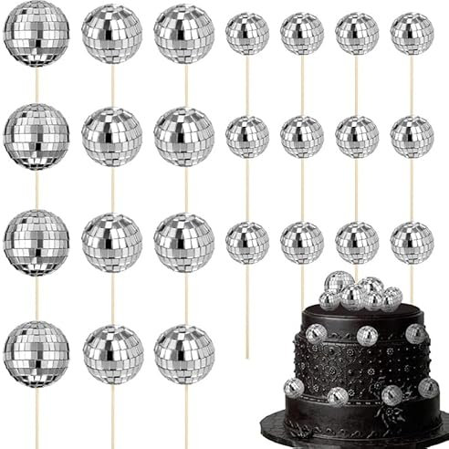 XINRUI 24pcs Disco Ball Cake Toppers, 1970s Disco Ball Cake Decorations Cupcake Toppers Cake Picks for Birthday Disco Theme 70s Party Supplies