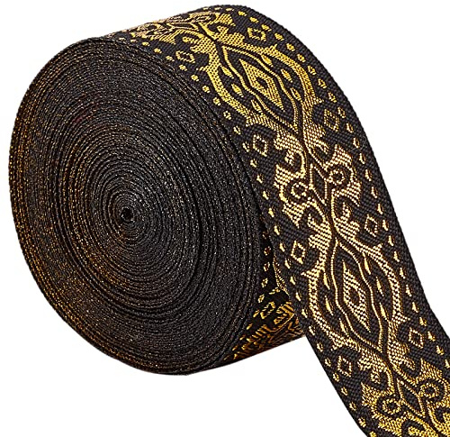 GORGECRAFT Ethnisches Jacquard-Band 33 mm Breit Doppelseitig Gold Blumenstickerei Polyester Gewebt Schwarzes Fransenband Für Heimwerker Nähen Basteln Kleidung Vorhänge Dekoration Zubehör