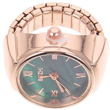 UKCOCO Ringuhr Fingeruhr für Damen: Retro Analog Quarzuhr Elastisch Ringuhr Grün Römischen Ziffern Rundem,Roségold