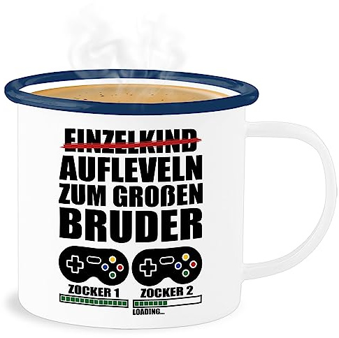 Emaille Becher Blechbecher - Großer - Tassen - Einzelkind aufleveln zum großen Bruder - 300 ml - Weiß Blau - tasse grosser big brother geschenk geburt große brüder für bruder geschenke