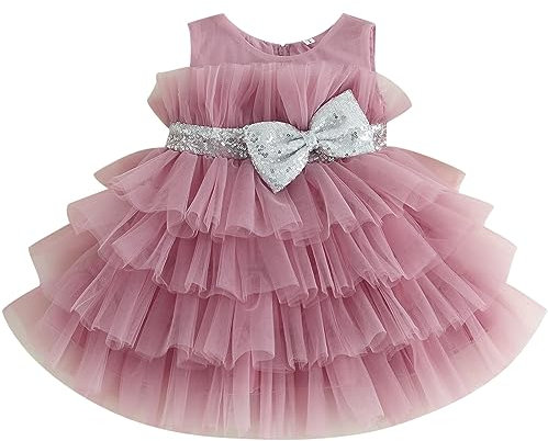 MAHUAOYIXI Vestito Neonata Cerimonia Elegante Principessa Abito Estiva Bambina Senza Maniche con Fiocco in Tulle a Rete Battesimo con Pailettes