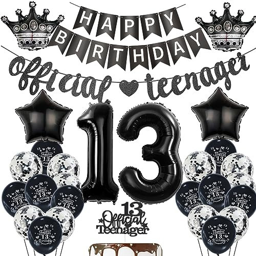 Schwarz 13. Geburtstag Dekoration für Mädchen und Jungen - Offizielle Teenager Luftballons, Tortendeko und Zubehör