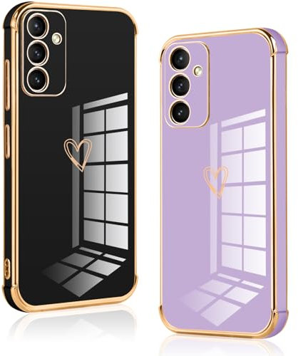 Vauki 2 Pezzi Cover per Samsung Galaxy S24 6.2, Custodia con Motivo Cuore, Antiurto Ultra Silicone TPU Morbida Case con Protezione Della Fotocamera Ragazzi e Ragazze, Nero e Viola