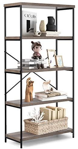 CASART 5-Tier Industrial Bookcase, Freestanding Metal Frame Storage Rack Shelving Unit, Display Bookshelf Ladder Shelf Plant Stand for Office Study Living Room (Grey, 79 x 35 x 159cm)
