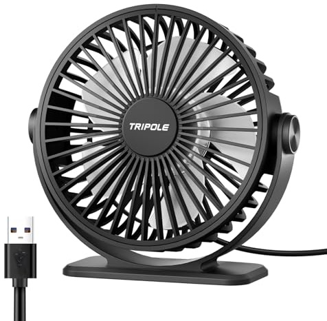 TriPole Desk Fan USB Powered Small Portable Fan, 3 Speeds Adjustable Strong Breeze Mini Personal Fans, 360° Rotation Quiet Plug In USB Fans for Desktop Bedroom Office Table Travel, Black, 4.9ft Cable